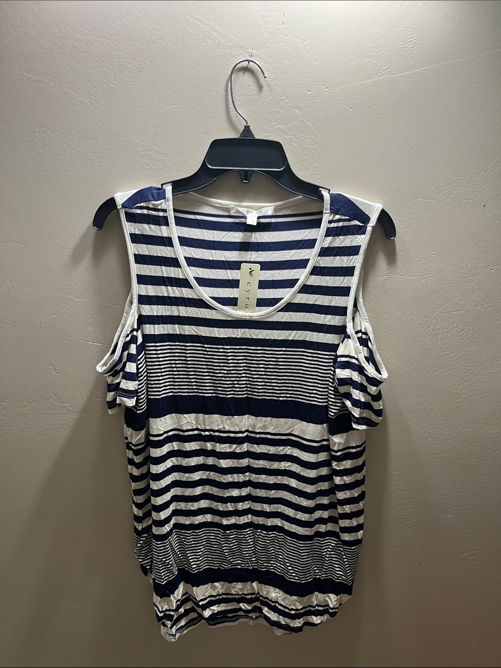 Cyrus Navy and White Striped Cold-Shoulder Blouse